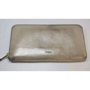 Fossil Silver Sparkle Leather Zip Around Large Wallet Holds 16 Cards *Flaws